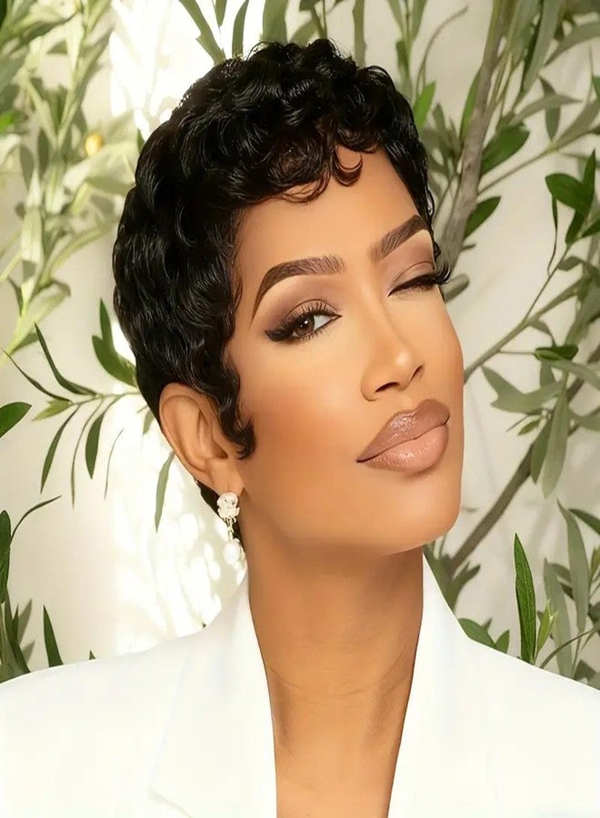 SAEIALL Short Pixie Cut Wig Human Hair 1B Black Curly Wave Human Hair Wig Layered Natural Looking Short Style for Black Women None Lace Front Throw On and Go Wigs - Image 2
